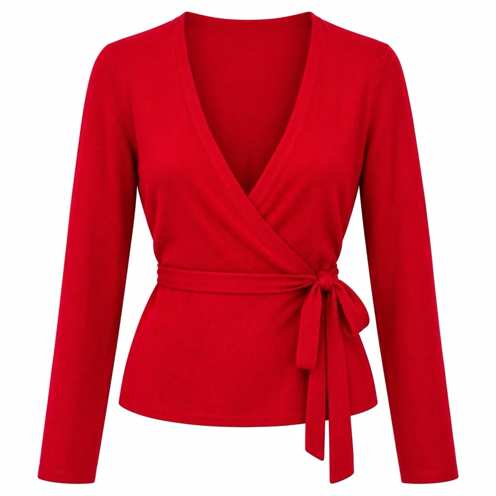 Moda International Women's L 100% Cashmere Red Wrap Sweater Cardigan Tie Waist